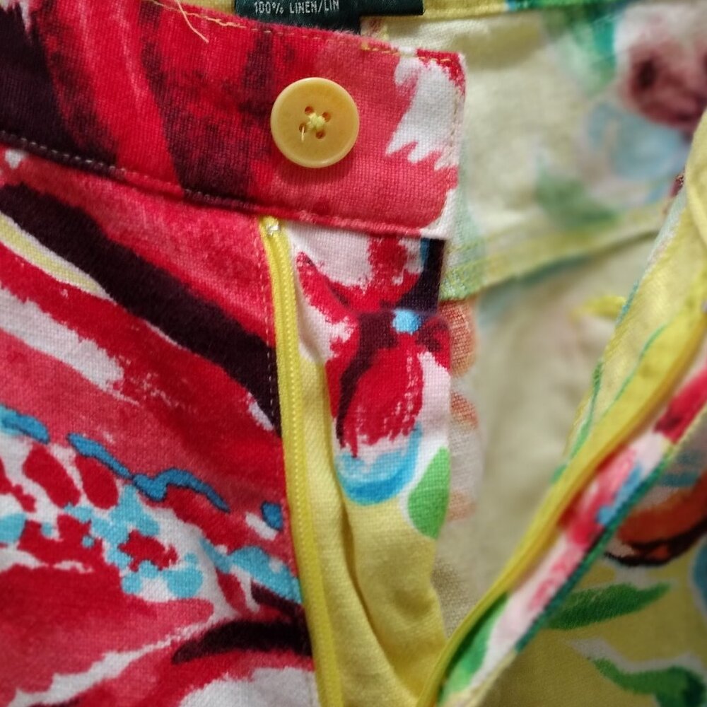 Lauren Ralph Lauren Tropical Floral Linen Pants Size 12 Yellow Resort Chic - Picture 8 of 12